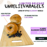 Large NY-Style Blueberry UnbelievaBagels - LIMITED TIME ONLY -  1 Bag High Protein, Low-Carb Bagels